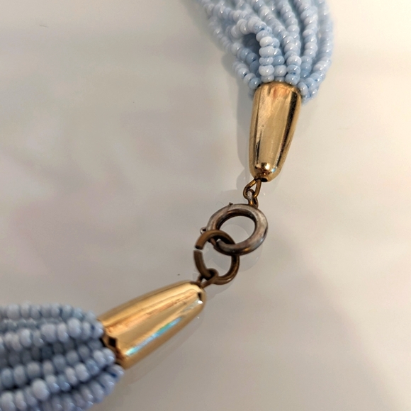 Gold edged brown Agathe slice / light blue bead necklace - Picture 4 of 5